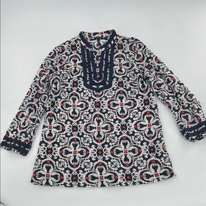 Talbots Navy Red Cotton Blouse Tunic semi sheer resort poolside lightweight